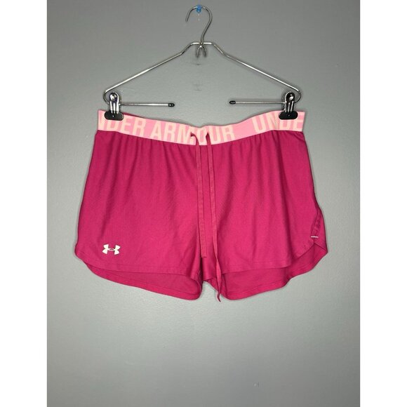 Under Armour Barbiecore Athletic Shorts Womens L Lightweight Workout Logo Gym - Picture 1 of 8
